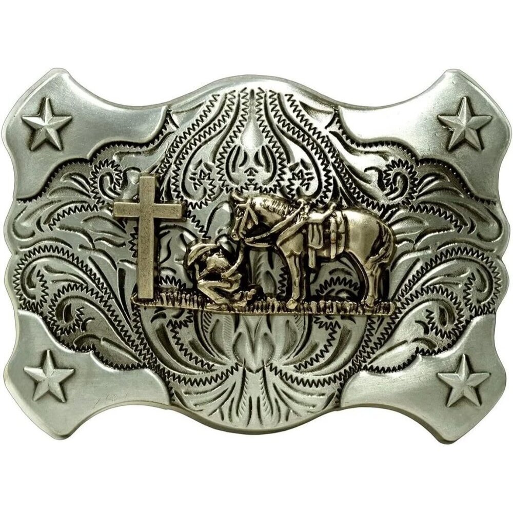 🆕Men's Nickle Religion Cross Cowboy Kneeling And Horse Design Belt Buckles